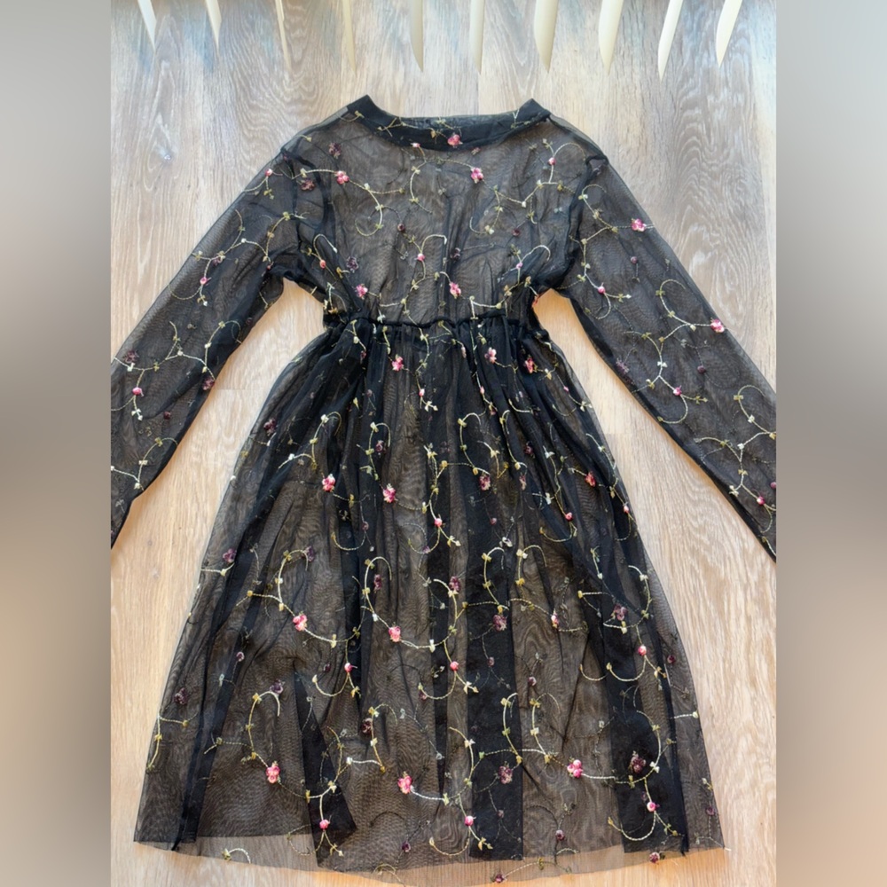 Black Embroidered Floral Long Sleeve Babydoll Dress